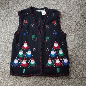 VTG Christmas Sweater Vest Women's Black Bobbie Brooks Cardigan Size S